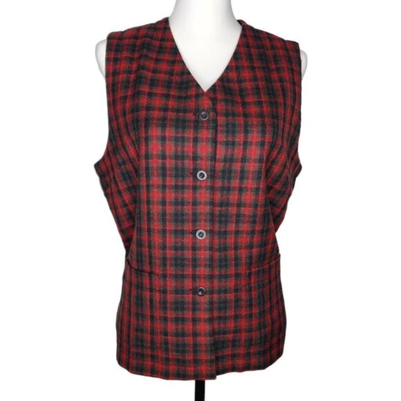 Eddie Bauer Red Plaid Wool‎ Vest Size L - Picture 1 of 10